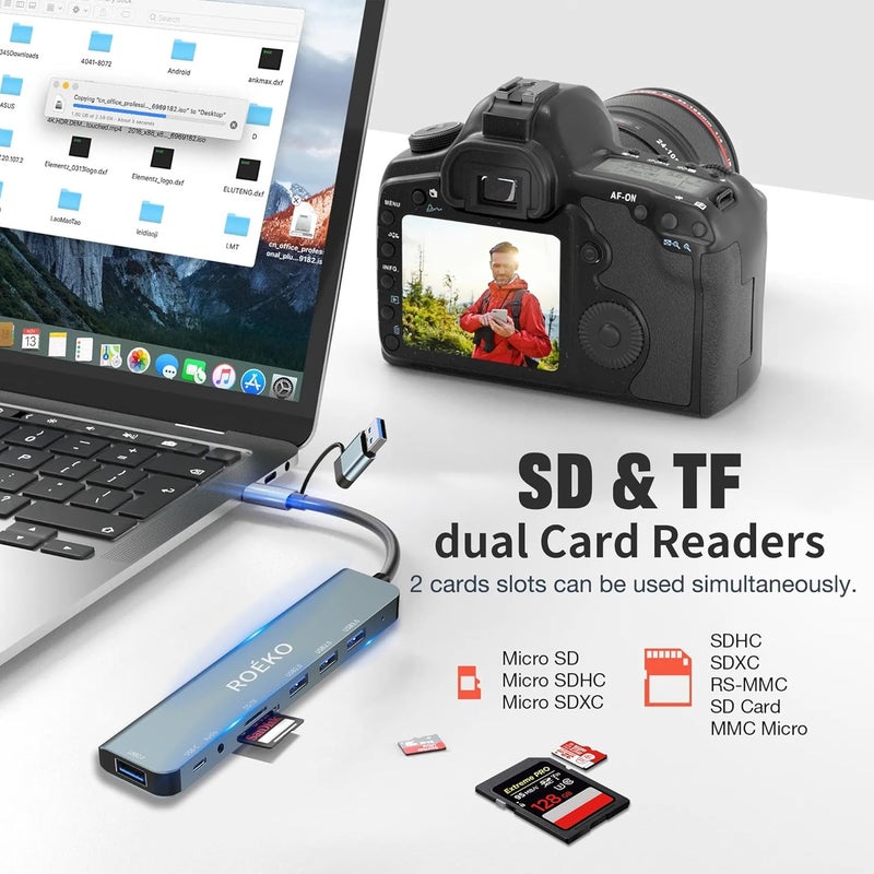 ROKO USB Hub,USB C hub multiport Adapter, USB Splitter with 1xUSB 3.0,4xUSB2.0,2 x USB C,USB c hub for MacBook Pro/PC/Laptop/Tablet Devices (Grey 8 in1) - Image 4